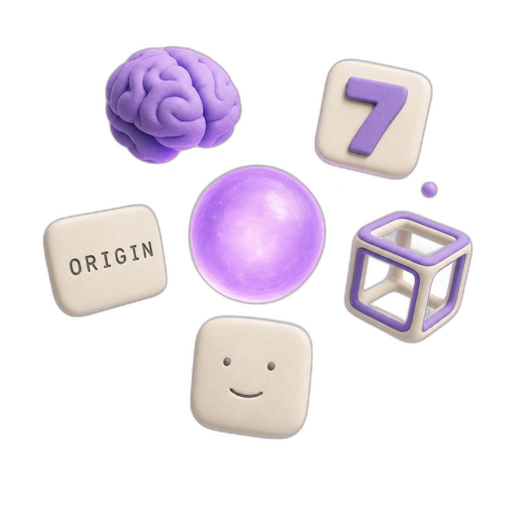 Five floating clay-rendered objects representing cognitive domains orbiting a violet light