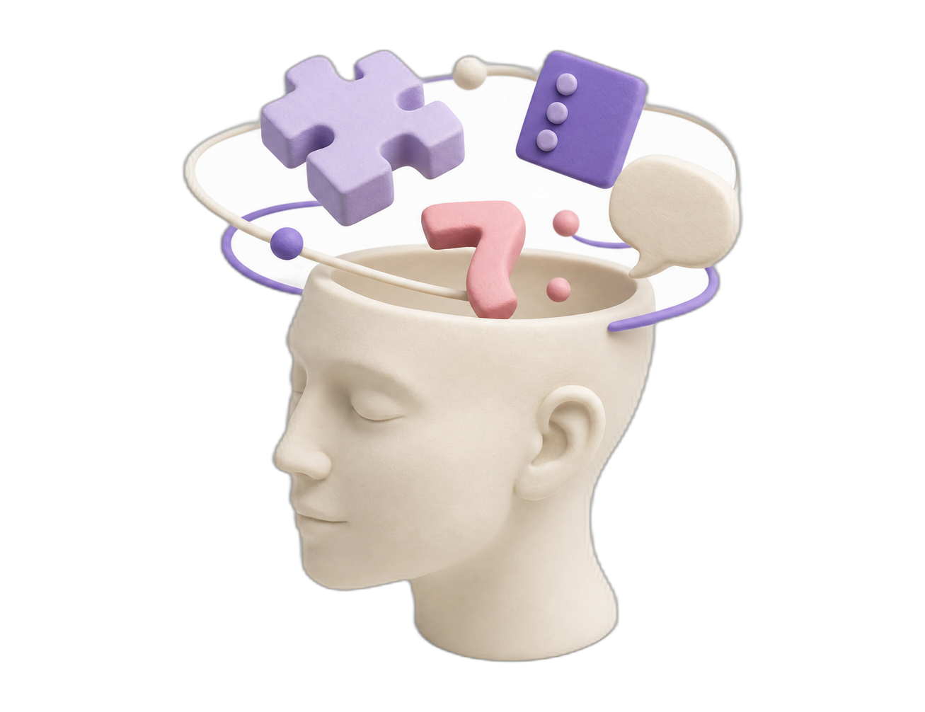 A clay head in profile with its cranium open, reasoning objects orbiting above it — a puzzle piece, a matrix tile, a numeral and a speech bubble
