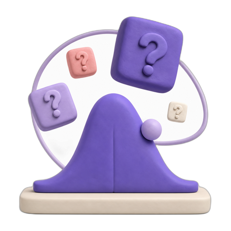 A clay bell curve with question tiles of different weights floating above it