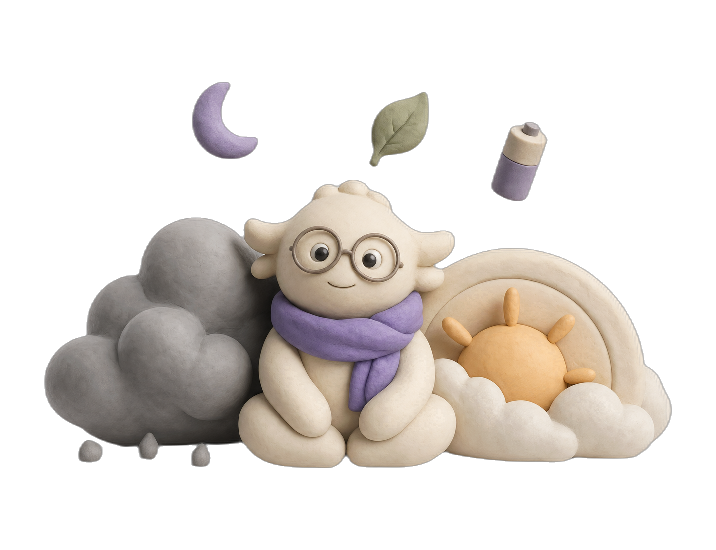 A clay companion sitting between a heavy grey cloud and a warm sunrise, with a moon, a leaf and a battery drifting above