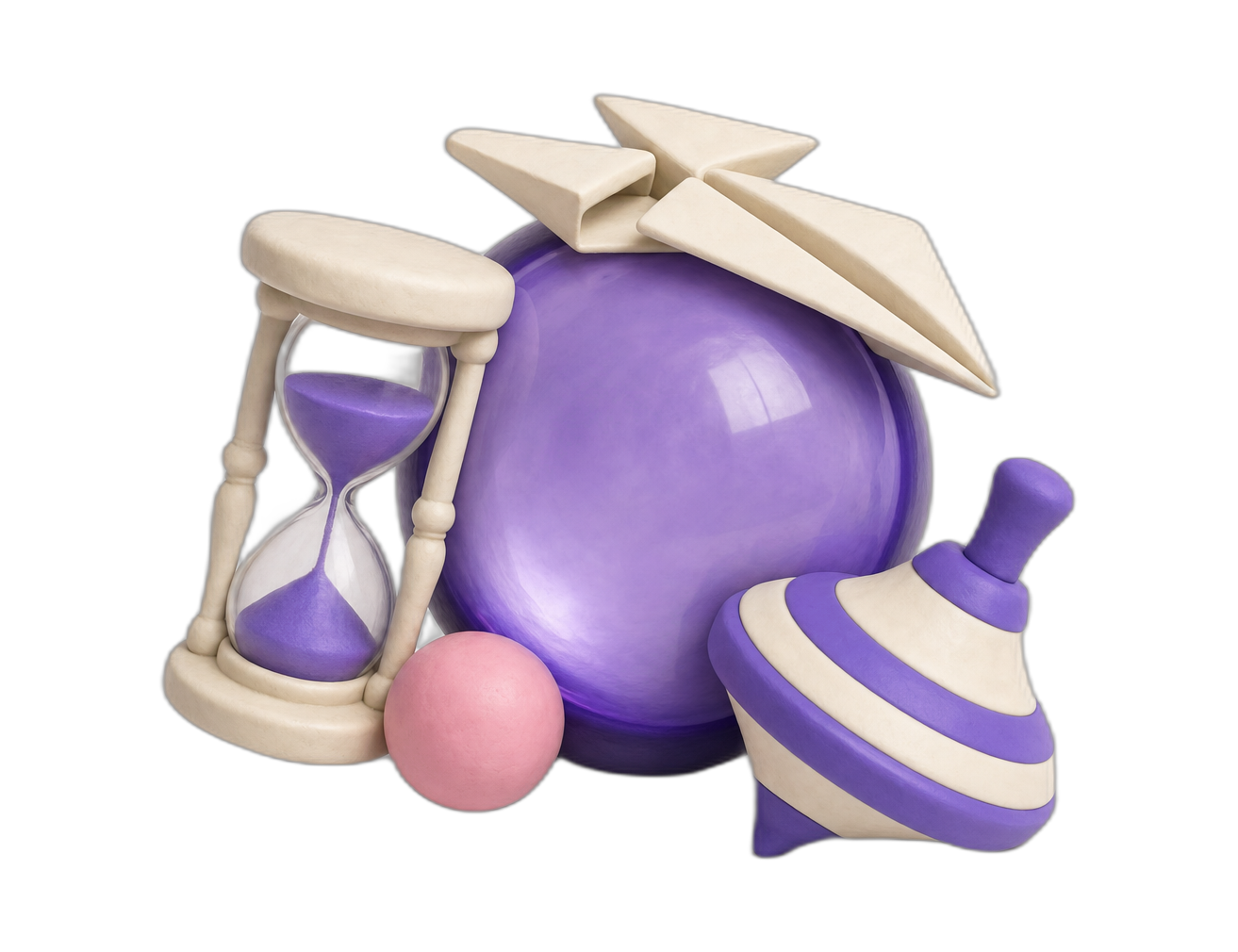 A pearl-violet orb amid clay objects in gentle motion — a turning hourglass, a spinning top, looping paper planes