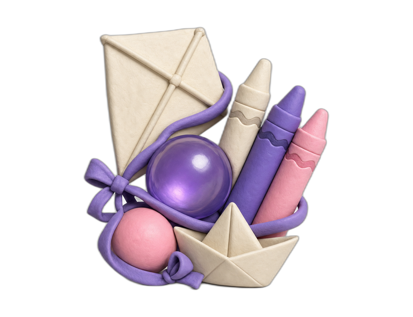 A small friendly pearl-violet orb amid a looping kite, tumbling crayons, and a ball frozen mid-bounce