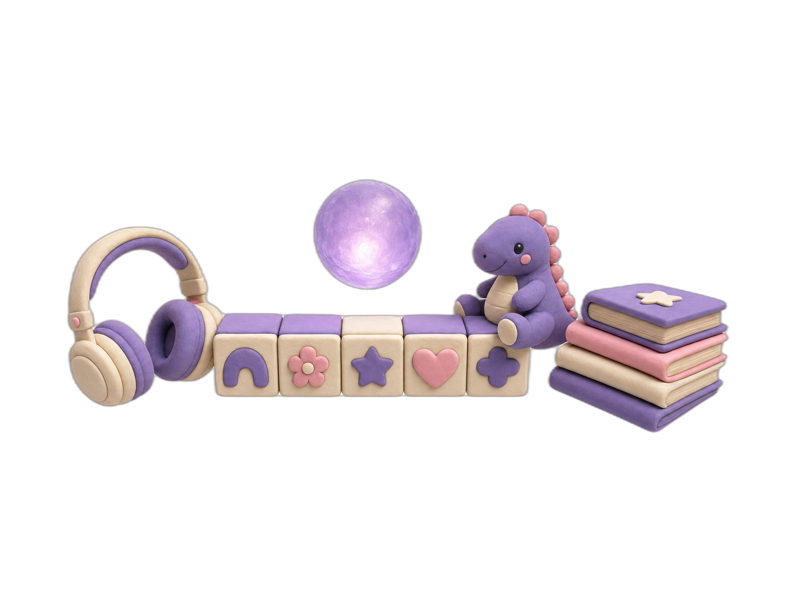 A small friendly pearl-violet orb above a neat row of building blocks, tiny headphones, and a well-loved clay dinosaur