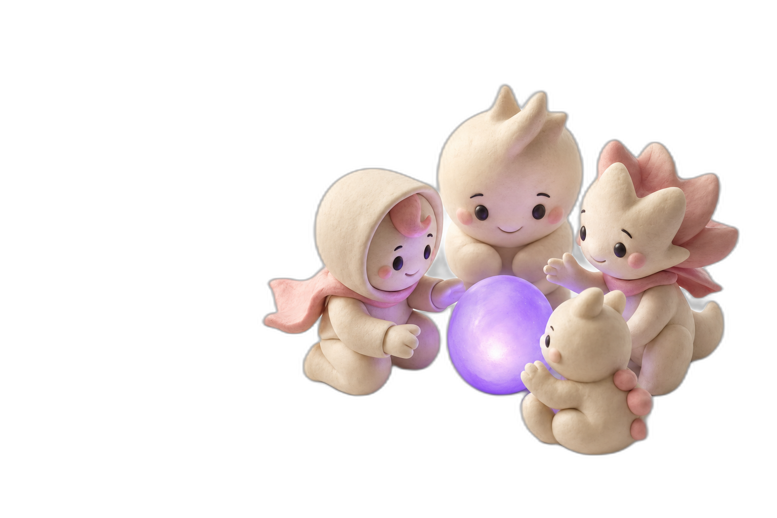 A cluster of clay personality-archetype figures around a soft glowing violet orb